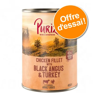 Purizon Chicken Fillet with Black Angus & Turkey, 45 % chicken fillet, Adult Dogs, 400 g. Texte sur pastille orange : Offre d’essai !