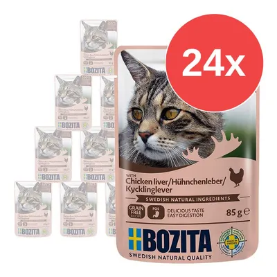 BOZITA kapsička s kuřecími játry pro kočky, 24×85 g, nápisy: Grain Free Recipe, Delicious Taste Easy Digestion, Made in Sweden, obrázek kočky a kuřete BOZITA kapsička s kuřecími játry pro kočky, 24×85 g, nápisy: Grain Free Recipe, Delicious Taste Easy Digestion, Made in Sweden, obrázek kočky a kuřete