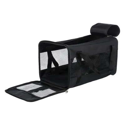 Black transport bag with mesh windows and zip opening, suitable for safe transport of pets.