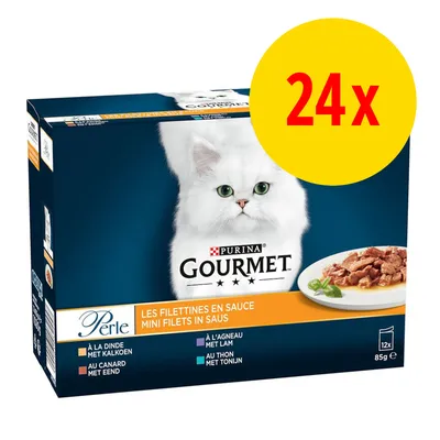 Confezione Purina Gourmet Perle Les Filettines en Sauce per gatti, 24x85g, gusti visibili: tacchino, anatra, agnello, tonno. Immagine di un gatto bianco e piatto con filetti in salsa.