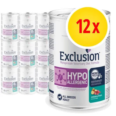 12 Dosen Exclusion Monoprotein Veterinary Diet Formula HYPOALLERGENIC, Mono Protein, Venison & Potato, für ausgewachsene Hunde aller Rassen.
