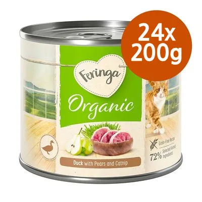 Feringa Organic Duck with Pears and Catnip, 24x200g. Bild på burk med anka, päron och kattmynta, text: Grain-Free Recipe, 72 % Selected Animal Ingredients.