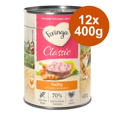 Feringa Classic Poultry con zanahorias y diente de león, 12x400g. Receta sin cereales, 70% ingredientes animales seleccionados, con taurina.