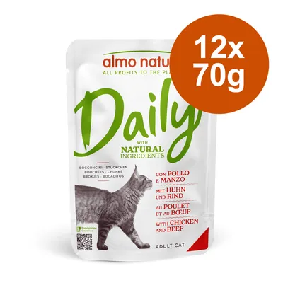 Almo Nature Daily mit natürlichen Zutaten, Huhn und Rind, 12x70g, für ausgewachsene Katzen.