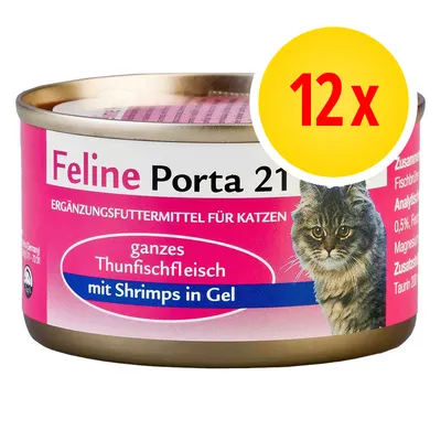 Feline Porta 21, alimento complementare per gatti, carne di tonno intero con gamberetti in gel, confezione da 12x. Testo visibile in tedesco: 'ganzes Thunfischfleisch mit Shrimps in Gel'.