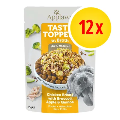 Applaws Taste Toppers in Broth, 100% Natural, Chicken Breast with Broccoli, Apple & Quinoa, confezione da 12 x 85 g. Immagine di crocchette con topping e cane. Applaws Taste Toppers in Broth, 100% Natural, Chicken Breast with Broccoli, Apple & Quinoa, confezione da 12 x 85 g. Immagine di crocchette con topping e cane.