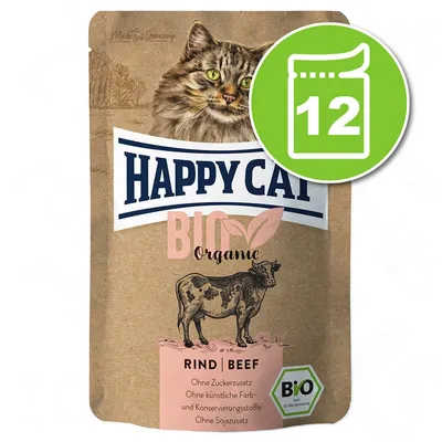 Sachet Happy Cat BIO Organic Rind Beef, illustration de chat et vache, texte allemand sur additifs, logo bio, pastille verte avec icône sachet et chiffre 12.
