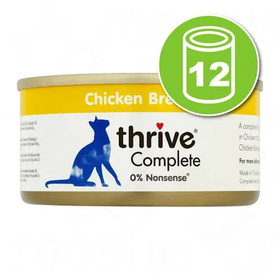 Boîte de nourriture pour chat thrive Complete Chicken Breast, 0% Nonsense. Lot de 12 indiqué sur un badge vert avec une icône de conserve et le chiffre 12.
