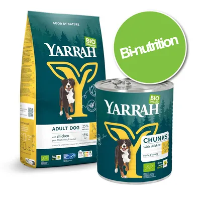 Lot bi-nutrition : croquettes + boîtes Yarrah Bio pour chien - croquettes Adult poulet bio (15 kg) + boîtes Chunks poulet bio, orties bio, tomates bio (12 x 820 g)