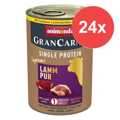 Konzerva animonda GranCarno Single Protein Supreme Lamm Pur, 24x. Text: 100 % frische Zutaten, 1 Protein Quelle, ohne Getreide ohne Gluten. Vyobrazení jehněčího masa.