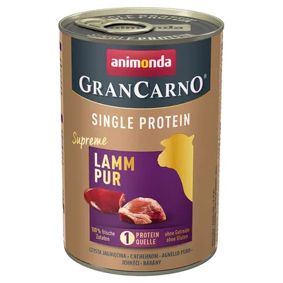 Animonda GranCarno Supreme Single Protein Lammas Pur, 100 % tuoreita ainesosia, 1 proteiinilähde, viljaton, gluteeniton.