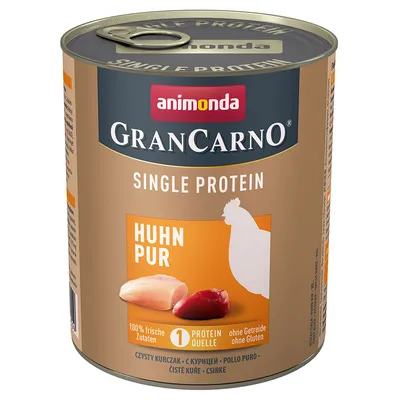 Blik Animonda GranCarno Single Protein Huhn Pur, tekst: 100% frische Zutaten, 1 Proteinquelle, ohne Getreide ohne Gluten. Afbeelding van kipfilet en kippenhart.