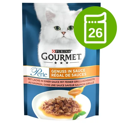 Purina Gourmet Perle, genuss in sauce, mit lachs in einer sauce mit feiner grilllachnote. Opakowanie z białym kotem i ikoną 26 saszetek. Purina Gourmet Perle, genuss in sauce, mit lachs in einer sauce mit feiner grilllachnote. Opakowanie z białym kotem i ikoną 26 saszetek.