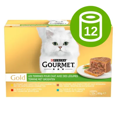 Purina Gourmet Gold terrine dla kota z warzywami, zestaw 12 x 85 g. Na opakowaniu biały kot i zdjęcie porcji karmy. Tekst w języku francuskim i niderlandzkim.