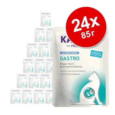 Kattovit Gastro с патица и ориз, 24 x 85 г паучове. Видим текст: Magen-Darm Bauchspeicheldrüse, fettarm und leicht verdaulich, hoher Elektrolytgehalt, подобрена рецепта.
