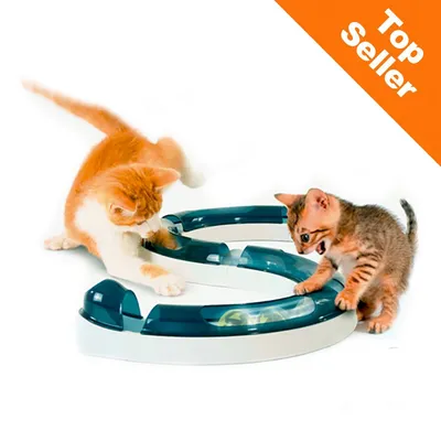 Two cats playing with an interactive track toy featuring a ball inside a curved, covered circuit. Orange banner in corner reads 'Top Seller'.