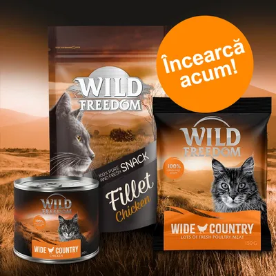 Wild Freedom Wide Country Chicken – conserve și snackuri pentru pisici, 100% grain free. Text promoțional: Încearcă acum!