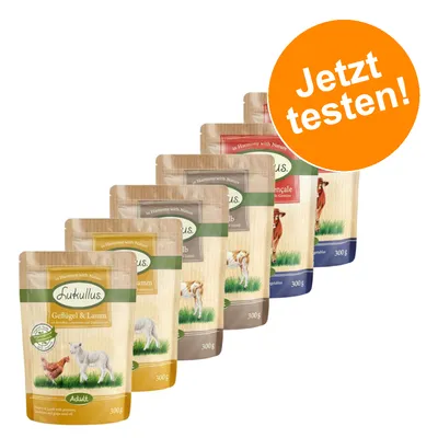 Lukullus Geflügel & Lamm, verschiedene Sorten Nassfutter im 300g-Beutel. Orangefarbener Kreis mit Text: Jetzt testen!