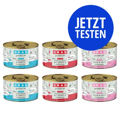 GRAU Kitten Nassfutter: Truthahn & Forelle, Rind & Pute mit Karotte, Huhn & Ente. Ohne Zuckerzusatz, 70% Fleischanteil. Jetzt testen.