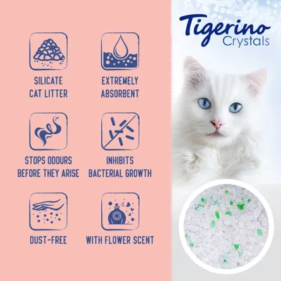 Tigerino Crystals, silikatni pijesak za mačke. Tekst na engleskom: extremely absorbent, stops odours before they arise, inhibits bacterial growth, dust-free, with flower scent.
