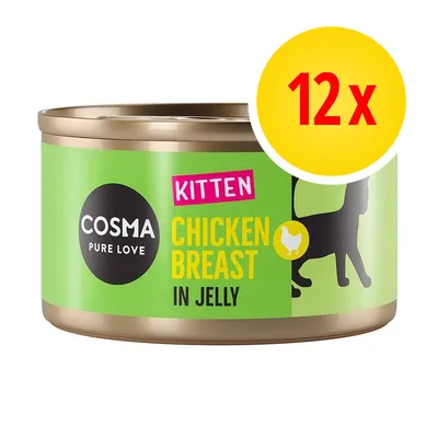 Cosma Pure Love Kitten Chicken Breast in Jelly, 12 x. Widoczna puszka karmy dla kociąt z piersią kurczaka w galarecie, opakowanie zbiorcze 12 sztuk.