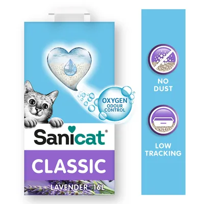 Sanicat Classic Lavender 16L, contrôle des odeurs par oxygène, sans poussière, faible dispersion, texte en anglais : No Dust, Low Tracking, Oxygen Odour Control Sanicat Classic Lavender 16L, contrôle des odeurs par oxygène, sans poussière, faible dispersion, texte en anglais : No Dust, Low Tracking, Oxygen Odour Control