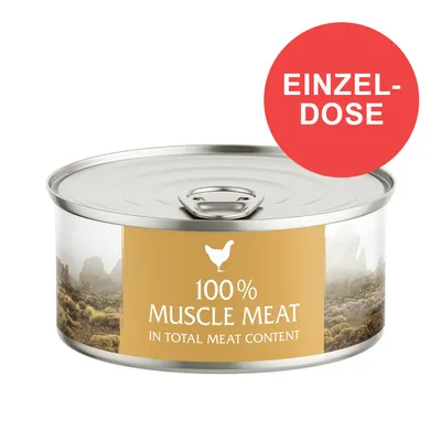 Einzeldose mit 100% Muskelmeat im gesamten Fleischanteil, goldene Verpackung mit Hühnersymbol.