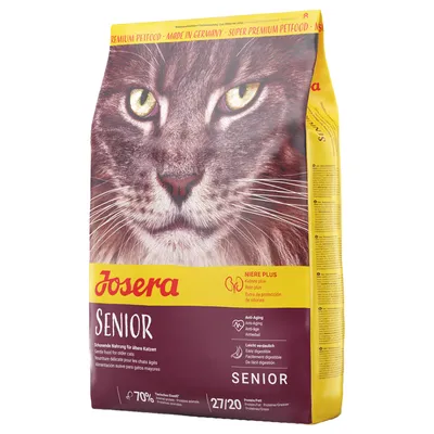 Josera Senior, alimentation pour chats âgés, mentions visibles : Rein plus, Anti-âge, Facilement digestible, 70 % protéines animales, 27/20 protéines/matières grasses.