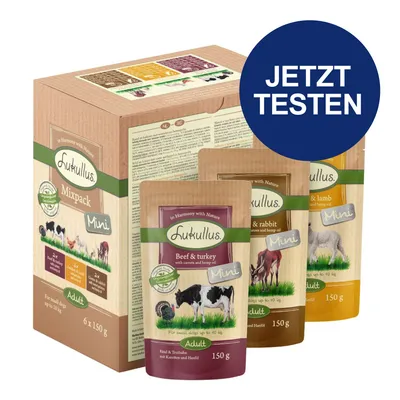 Lukullus Mixpack Mini für kleine Hunde bis 10kg, 6x150g. Sorten: Rind & Truthahn, Kaninchen & Lamm. Jetzt testen.