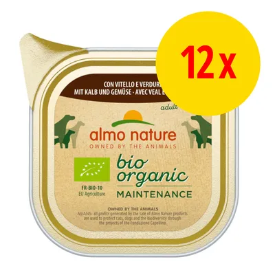 almo nature bio organic Maintenance, pack de 12. Texto visible: con vitello e verdure, FR-BIO-10 EU Agriculture, OWNED BY THE ANIMALS. almo nature bio organic Maintenance, pack de 12. Texto visible: con vitello e verdure, FR-BIO-10 EU Agriculture, OWNED BY THE ANIMALS.