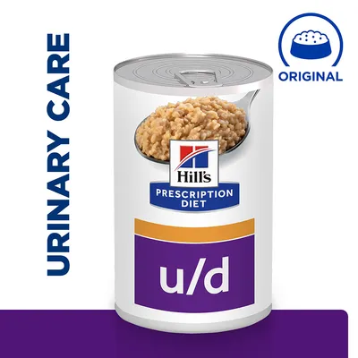 Prescription Diet u/d canned food for urinary care, original formula. Image shows a can with food and the words 'URINARY CARE' and 'ORIGINAL'.
