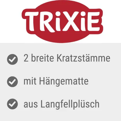 TRIXIE. 2 breite Kratzstämme, mit Hängematte, aus Langfellplüsch. Texte en allemand.