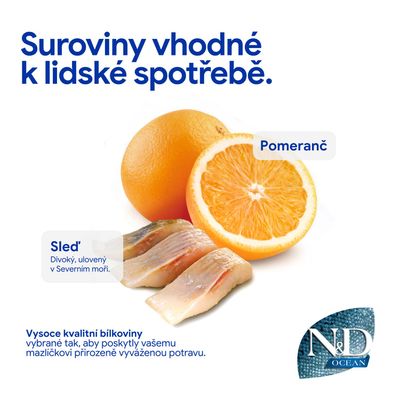N&D Ocean. Prísady vhodné na ľudskú spotrebu: pomaranč a sleď, divoko ulovený v Severnom mori. Kvalitné bielkoviny pre vyváženú výživu zvierat.