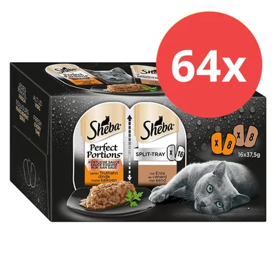 Sheba Perfect Portions Split-Tray, 64x Portionen, zarter Truthahn in Sauce und mit Ente. Verpackung zeigt Katze und Produktabbildungen.
