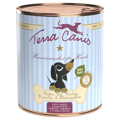 Terra Canis koiranruoka, Huhn mit Kürbis, Kamille & Blütenpollen. Puppy-Menu: Chicken with pumpkin, camomile & flower pollen. 100 % Natur näkyvissä etiketissä.