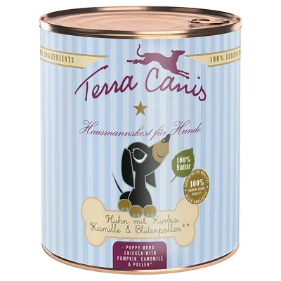 Terra Canis Hausmannskost für Hunde. Huhn mit Kürbis, Kamille & Blütenpollen. 100% Natur, Lebensmittelqualität, Puppy Menü.