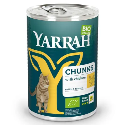 Yarrah Bio Organic Chunks con pollo, ortica e pomodoro. Certificato biologico UE NL-BIO-01, Beter Leven 3 stelle.