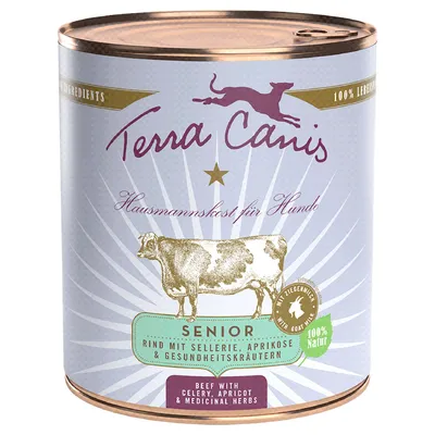 Terra Canis Senior, wołowina z selerem, morelą i ziołami zdrowotnymi. 100% natury. Hausmannskost für Hunde. Beef with celery, apricot & medicinal herbs.