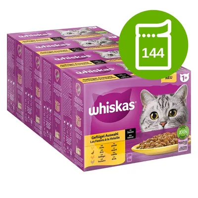 Whiskas Geflügel Auswahl kapsičky pro kočky, balení 144 kusů, na obalu obrázek kočky a misky s krmivem, označení 1+ a 100 % kompletní krmivo.