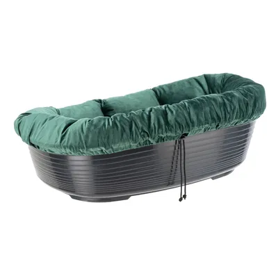 Black plastic bed with green padded cover and drawstring for fastening.