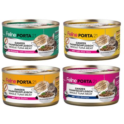 Lot de 24 boîtes Feline Porta 21, 90 g chacune. Texte visible : Feines Hühnerfleisch, Fine Chicken Meat, pur/pure, ohne Zuckerzusatz/no added sugar.