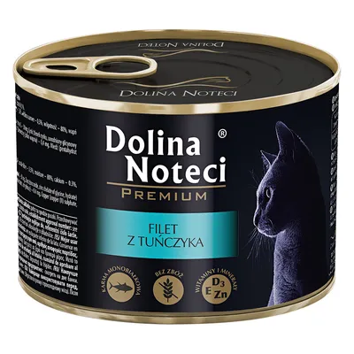 Boîte Dolina Noteci Premium, texte en polonais : FILET Z TUŃCZYKA. Icônes visibles : sans céréales, vitamines et minéraux D3 E Zn, aliment monoprotéique. Silhouette de chat.