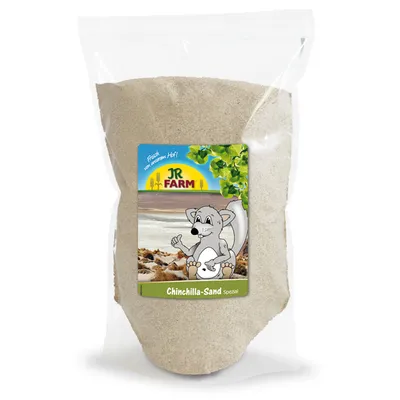 JR Farm Chinchilla-Sand Spezial, Verpackung mit Zeichnung eines Chinchillas und Text 'Frisch vom eigenen Hof'.