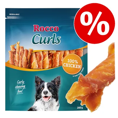 Rocco Curls, hundsnacks med 100 % kyckling, 200 g förpackning. Hänvisning till erbjudande med röd procentsymbol.