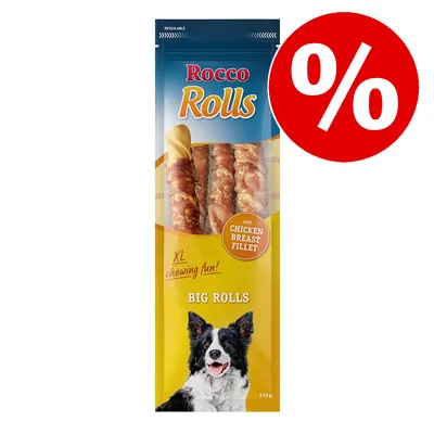 Rocco Rolls big rolls with chicken breast fillet, XL chewing fun, 315g pack. Red percentage discount symbol shown. Rocco Rolls big rolls with chicken breast fillet, XL chewing fun, 315g pack. Red percentage discount symbol shown.
