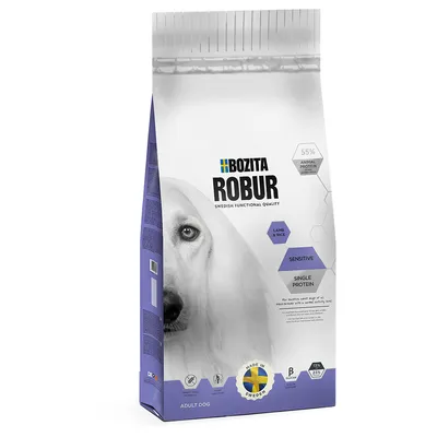 Balení krmiva pro psy BOZITA ROBUR, SWEDISH FUNCTIONAL QUALITY, LAMB & RICE, SENSITIVE, SINGLE PROTEIN, 55 % ANIMAL PROTEIN, MADE IN SWEDEN, ADULT DOG, 13 % protein, 23 % tuk.