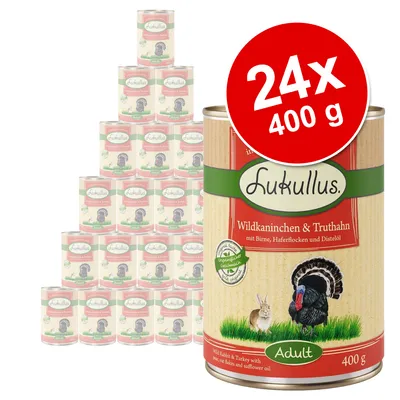 Lukullus Wildkaninchen & Truthahn, Adult, 24 x 400 g dåser. Tekst: mit Birne, Haferflocken und Distelöl. Billede af kanin og kalkun på etiketten.