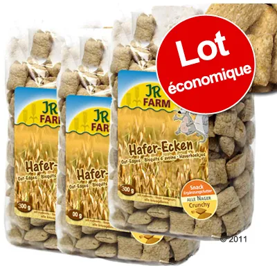 Lot économique de 3 paquets JR Farm Hafer-Ecken, biscuits d’avoine pour rongeurs, chaque paquet 300 g. Texte visible : Snack Crunchy, alle Nager, Biscuits d’avoine.