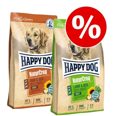 Happy Dog NaturCroq Rind & Reis ja Lamm & Reis koiranruokapakkaukset, päällä punainen alennusmerkki (%)