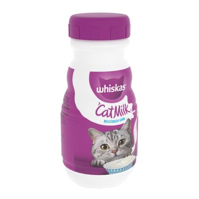 whiskas Cat Milk Deliciously Good, bottle with a purple label and an image of a grey cat in front of a bowl of milk.
